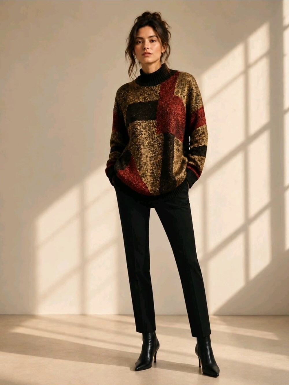 Vintage 80s Black Sweater Gold Red Metallic Mock Neck Retro Color Block Size M